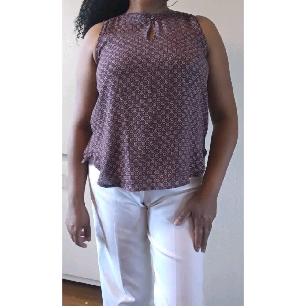 Loft Women's Printed High Neck Keyhole Tank Blouse Burgundy Geometric Size Small